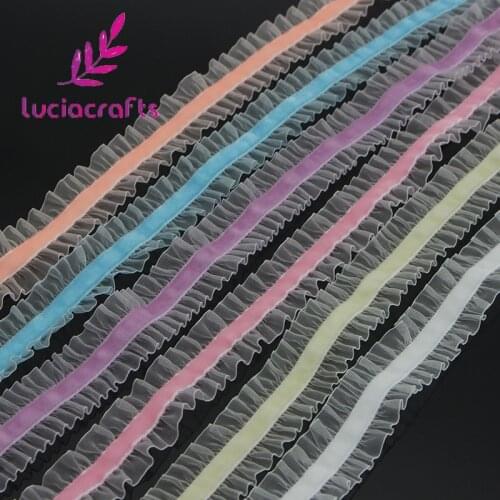 Lucia Crafts Organza Elastic Lace Ribbons 2/6yards/Lot 25mm Trim Sewing Packing Hair Bow Wedding Gift Handmade Materials P0207