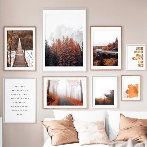 Forest Mountain Maple Leaf Bridge Quotes Wall Art Canvas Painting Nordic Posters And Prints Wall Pictures For Living Room Decor