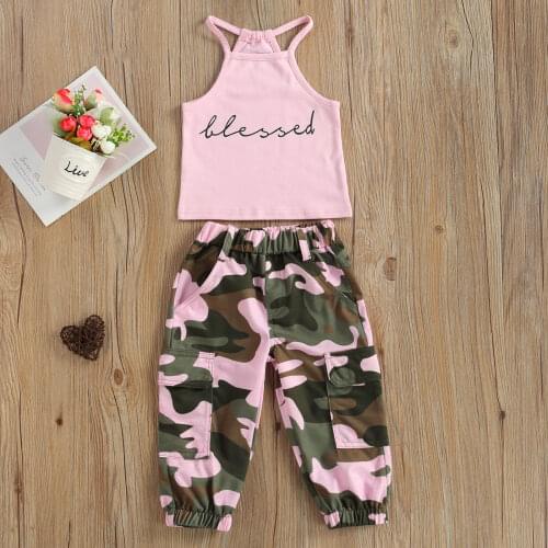 Summer Toddler Girl Sleeveless Letter Printed High Neck Halter Tops Camouflage Printed Long Pants 2pcs Outfits Children Clothing