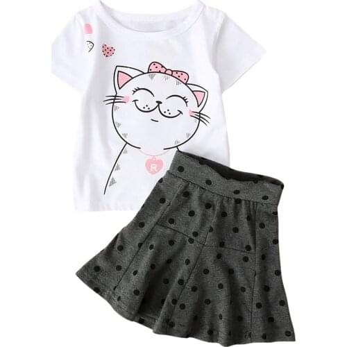 Toddler girl summer clothes Summer Infant Kids Baby Girls Cat Print Short Sleeve T-Shirt Tops Tutu Dot Skirt 2PCS Clothes US