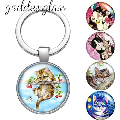 Cute Cat Lovely Pet cats glass cabochon keychain Bag Car key chain Ring Holder Charms keychains gift