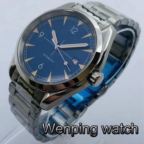 Bliger 40mm Mens Top Mechanical Watch Silver Case Sapphire Glass Blue Dial Luminous NH35 Movement Automatic Watch Luxury Gift