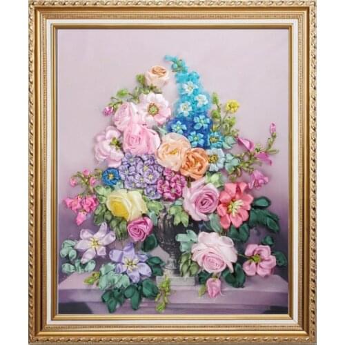 60x50cm Sweet flowers Ribbon embroidery kit stain painting set handcraft kit DIY handmade needlework art home decor