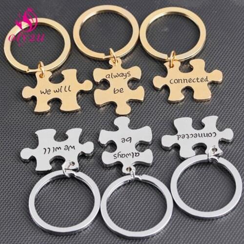 Oly2u Cute Cartoon Puzzle Couple Family Keychain Personalize 3pcs/Set Gold Key Chain Key Ring Porte Clef