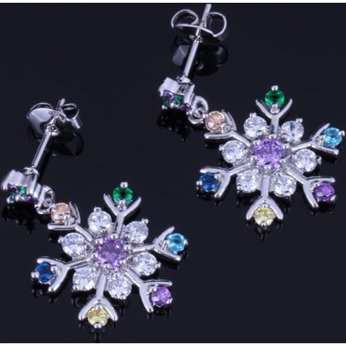 Awesome Snowflake Multigem Multicolor Brown Cubic Zirconia Silver Plated Drop Dangle Earrings V1025