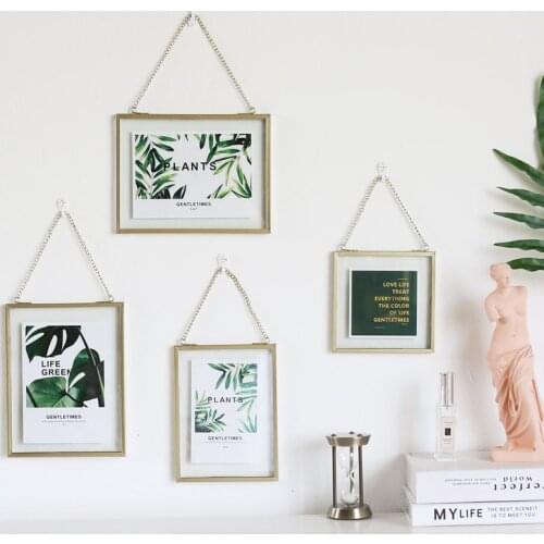 Nordic Rectangle Golden Brass Glass Wall Frame Photo Frame With Chain Living Room Vintage Picture Frame Home Decoration