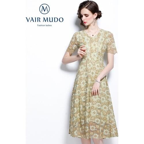 2021 Summer New Style V-Neck Lace Mid-Length Skirt Temperament Waist Thin A-Line Skirt Elegant Women Dress Lace Summer Y-189