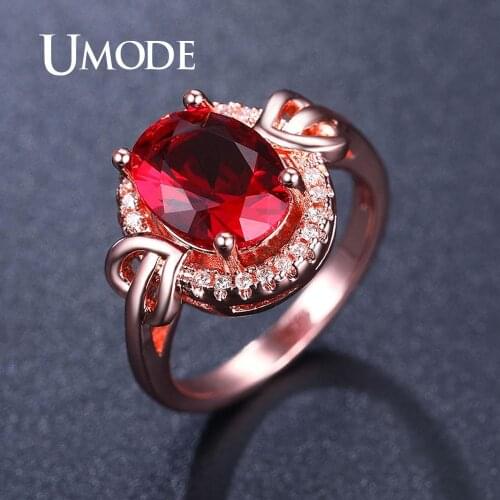 UMODE Fashion Oval Rings for Women Pomegranate Red Cubic Zirconia Rings Rose Gold Fashion Luxury Jewelry Bridal Wedding UR0523