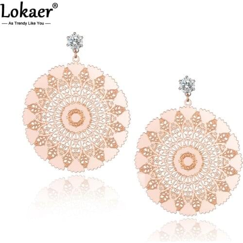 Lokaer Titanium Steel Exquisite Geometric Pattern Circle Earrings Jewelry Rose Gold Color Stud Earrings For Women E18027