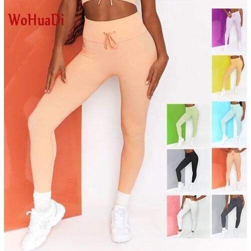 WOHUADI Candy Color Seamless Sports Pants Girl Tight Sport Yoga Push Up High Waist Drawstring Leggings Women Clothing Stripes