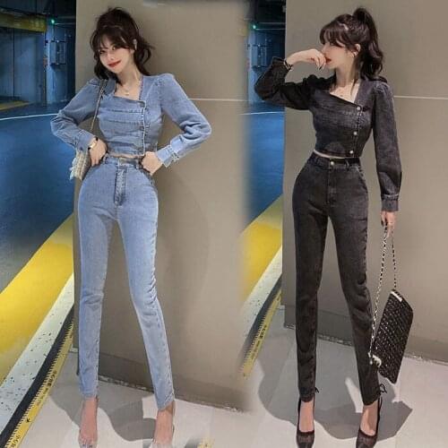 Women New 2021 Spring Autumn Denim Two Piece Set Female Fashion Long Sleeve Short Top + High Waist Denim Pants Casual Sets B196