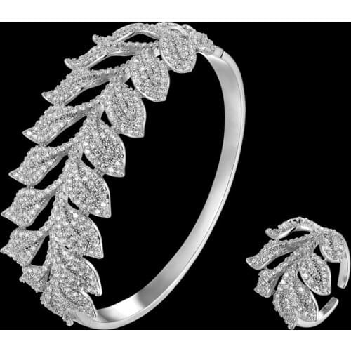Zlxgirl jewelry women size leaf shape Dubai Gold bangle with ring jewelry sets perfect mirco pave bracelet & bangle anel sets