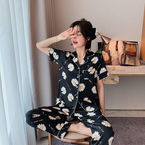 Plus Size 5XL Women Nightwear Pajamas Set Satin Silk Printed Sexy V Neck Suit Summer Short-Sleeved Cardigan Trousers Home Wear