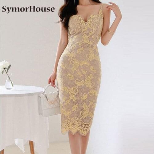 Sexy Party Night Club Dress 2021 New Women Yellow Lace Sleeveless Spaghetti Strap V-neck Slim Pencil Dresses Summer