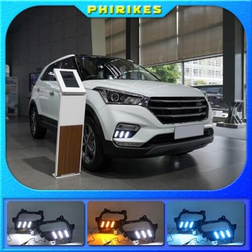 1Pair For Hyundai Creta IX25 2017 2018 2019 2020 DRL LED Daytime Running Light Fog Lamp With Yellow Turn Signal Lamp