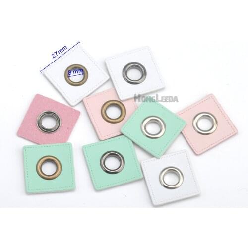 30pcs/lot 27mm square white/pink/mint PU leather sew on Badges patch labels + inner 8mm metal brass eyelets grommets free ship