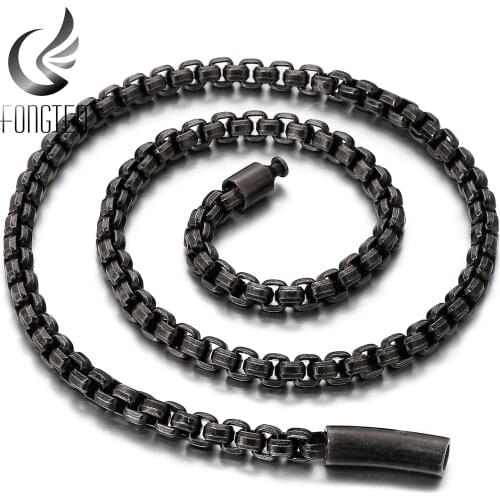 Fongten Men Curb Hip Hop Square Box Rolo Male Necklace Stainless Steel High Quality Heavy Men Women Jewelry