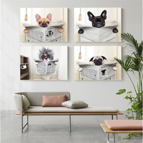 Picture Home Bathroom Decor Dogs Lover Gift Dog Reading Newspaper Toilet Wall Art Canvas Prints Funny Dog Painting Wall