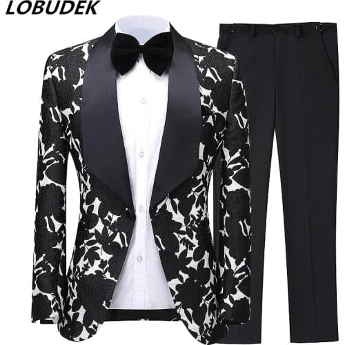Mens 2-Pieces Jacquard Formal Suit England Style Groom Wedding Dress Prom Evening Party Singer Host Stage Suits Tuxedo Costume