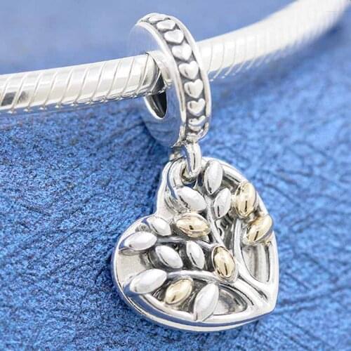 Original Two-tone Family Tree Heart Pendant Beads Fit 925 Sterling Silver Charm Europe Bracelet Bangle DIY Jewelry