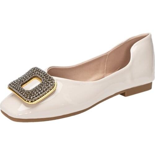Autumn Fashion New Shallow Square Rhinestone Buckle Patent Leather Plus Size Women Flats Shoes