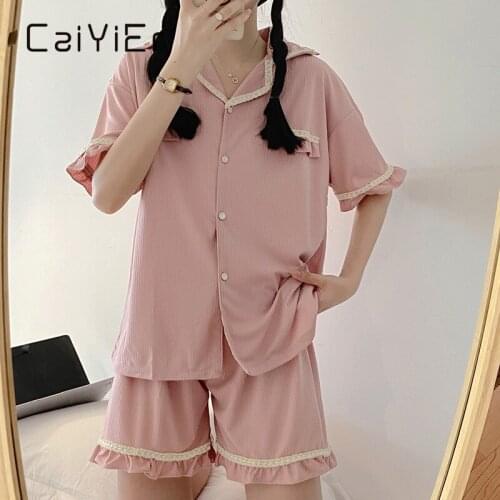 CAIYIER Summer Contracted Pure Color Turn-down Collar Pajamas Suit Sexy Lace Girl Sleepwear Short Sleeve Shorts Pink Loungewear