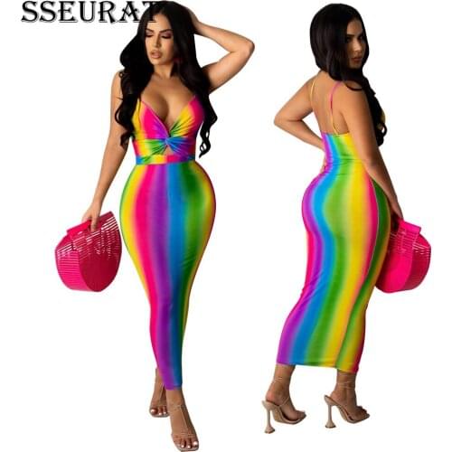 SSEURAT Women Long Dress Tie Dye Print Strap Elastic Maxi Dresses Sexy Night Club Party Vestidos Summer V-neck Outfit