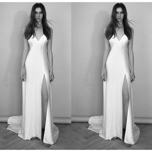 Simple Cheap Mermaid Wedding Dresses 2021 Satin V Neck Side Split Wedding Gowns Sweep Train Vestidos de novia