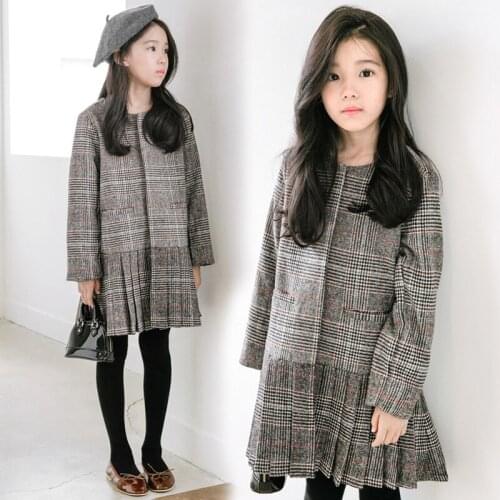 Girls Trendy Woolen Dresses 2020 Spring Fall New Childrens Retro British Style Pleated Princess Dress Kids One Piece 3-13Y P360