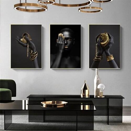 Modern Black Gold Figure Art Canvas Painting Nordic Gold Jewelry Picture for Living Room, Bedroom, Home Decoration Wall Poster