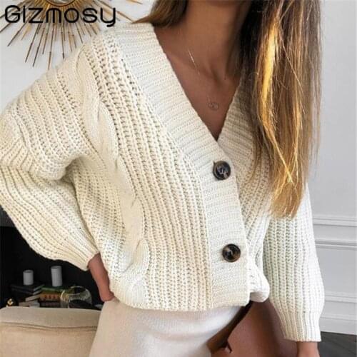 Gizmosy Knit Sweater Women Autumn 2020 Female Casual Long Sleeve Button Cardigan Knitted Sweaters Coat Femme Winter Warm Clothes