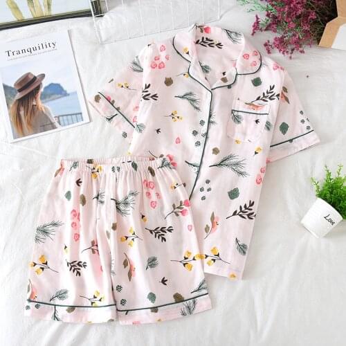 Japanese Simple Print Flowers Fruit Pyjamas Set Women 100% Cotton Short Sleeves Ladies Pajama Sets Shorts Cute Cartoon Sleepwear