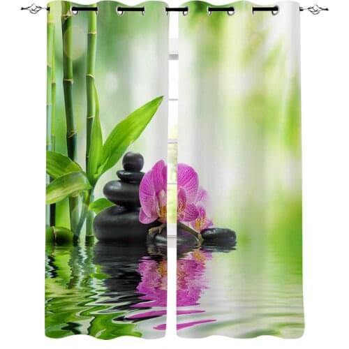 Green Bamboo Leaves Stone Flower Water Reflection Curtains For Living Room Window Curtains For Bedroom Curtains Drapes Blinds