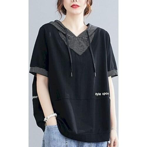 Womens Short-sleeved Hoodies Plus Size Korean Loose T-shirt Literary Striped Drawstring Hooded Stitching Printed T-shirt Summer