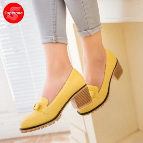 Superone Women Thick High Heels Shoes Women Slip On Bowknot Solid Color Heels Pumps Platform Daily Zapatillas Mujer Size 34-43