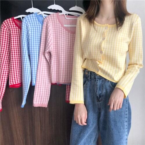 Women O-Neck Knitted Full Sleeve Cropped Slim Sweaters Cardigans Lady Plaid Sweater Crop Tops Female Real Photos