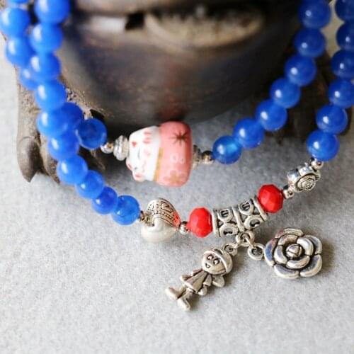 New 6mm Blue Chalcedony Bracelet Girl Rose Flowers Cat Pendant Female Jewelry Bracelet Multilayer Chain Necklace Natural Stone