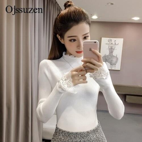 Office Ladies Slim Pullover Female White Autumn Tops Woman Clothing Yellow Lace Patchwork Sweater Women Soft Knit Jumper Black
