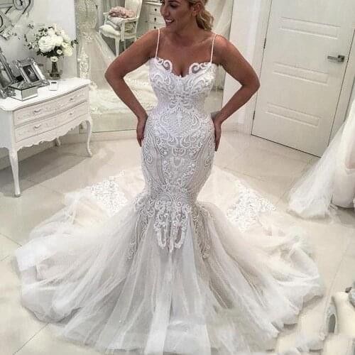 Sexy Lace Mermaid Long Wedding Dresses 2021 Appliques Ruffles Fashion Bridal Dresses Lace Up Wedding Gowns Robe De Mariee