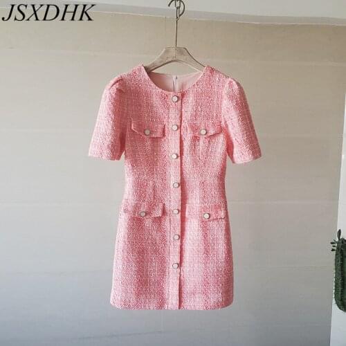 JSXDHK Elegant Autumn Tweed Pink Dress 2021 New Designer Women O Neck Single Breasted Plaid Female Short Sleeve Dress Vestidos