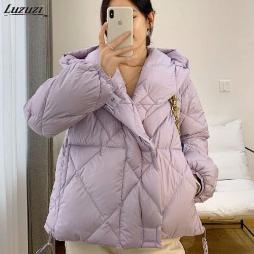 Luzuzi 2021 Winter 90% White Duck Down Short Jacket Women Thick Warm Loose Cocoon Type Hooded Diamond Soft Puffer Coat Outwear