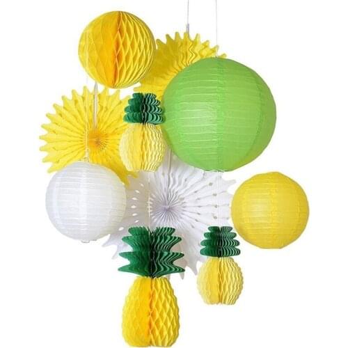 10Pcs Tropical Hawaiian Party Decoration Pineapple Honeycomb Ball Paper Lantern Fans - Beach Carnival Festival Summer Party Back