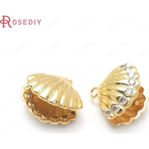 37157)4PCS 13x12MM 24K Gold Color Brass and Zircon Shell Charms Pendants High Quality Jewelry Making Supplies Diy Accessories