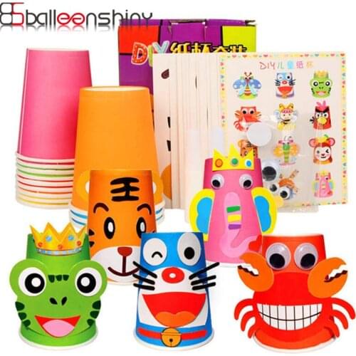 Baleenshiny 12pcs Childrens Creative DIY Animal Color Paper Cup Handmade Stickers Material Package Childrens Educational Toys