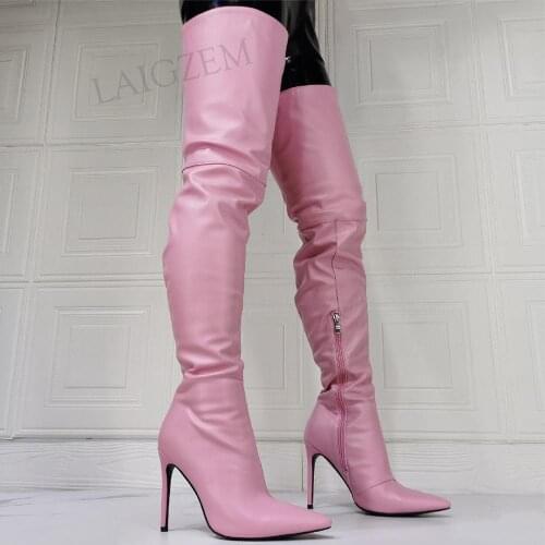 BERZIMER Pink Women Thigh High Boots Side Zip Stiletto High Heels Over Knee High Boots Autmn Winter Shoes Woman Big Size 43 47
