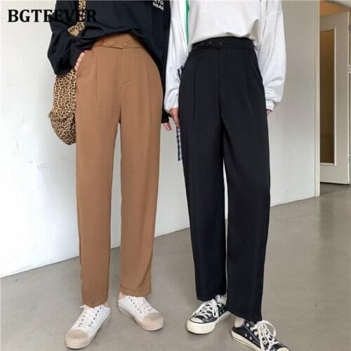 BGTEEVER Casual Loose Straight Pants for Women Elastic High Waist Double Button Solid Trousers 2021 Spring Summer Pantalon
