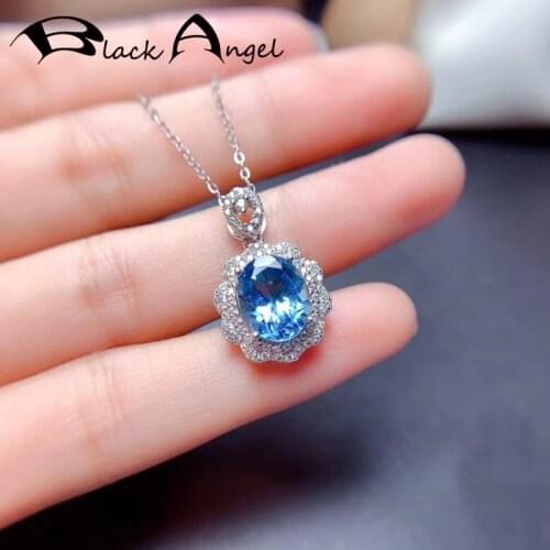 BLACK ANGEL Fashion Oval Light Blue Topaz Gemstone Pendant Necklace For Women 925 Sterling Silver Wedding Jewelry Christmas Gift