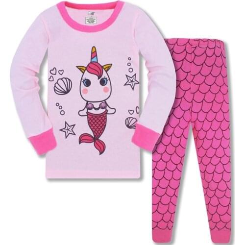 Children Sleepwear Set 2021 Kids Girls Spring Autumn Nightwear Cartoon Mermaid Printing T-shirt and Pants Homewear Pajama Sets