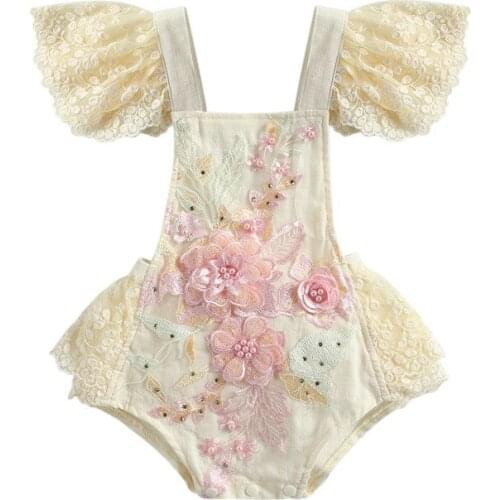 Newborn Baby Crochet Lace Romper Toddler Girls Fly Sleeve Square Collar Tie-up Playsuit Embroidery Floral One Piece Suit Summer