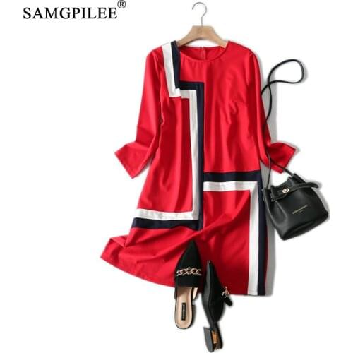 Elegant Dresses For Women 2021 Casual Plus Size Dress A-line Patchwork Full Sleeve Knee-length Empire O-neck Winter Dress Woman